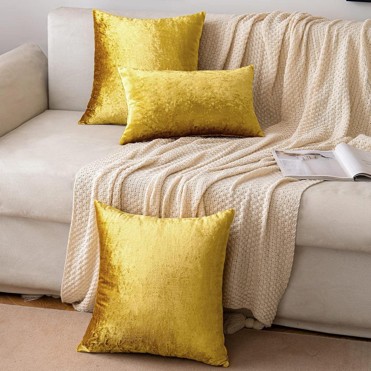 EMEMA Fall Bright Gold Velvet Throw Pillow Covers 16x16 Inch Set of 2 Decorative Square Pillowcase Soft Solid Cushion Case for Couch Sofa Bedroom Livingroom