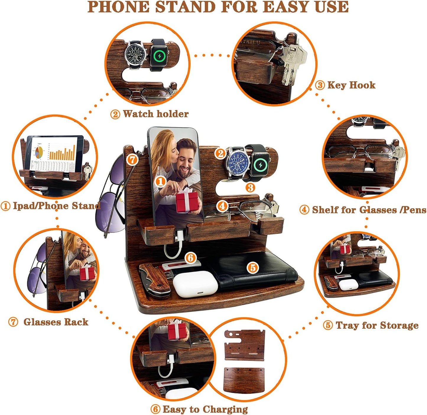 VEIYAILU Gifts for Men Boyfriend Dad Husband Him Wood Phone Docking Station Nightstand Organizer for Men (Walnut)