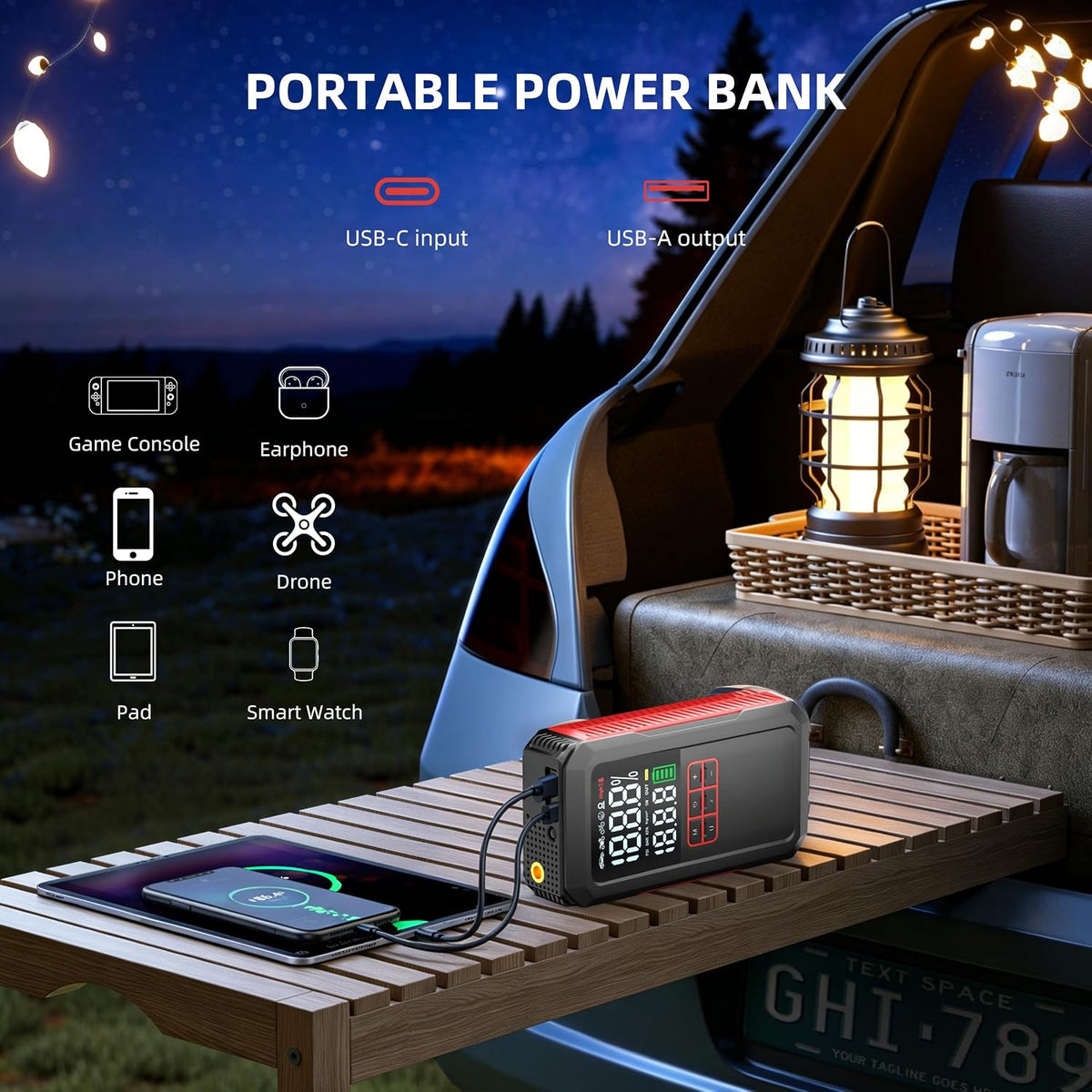 5000A Car Battery Jump Starter with Air Compressor 160PSI, Battery Jumper Starter Portable 7.0L Gas/6.0L Diesel, Jumper Cables, Car Battery Charger with Power Bank & Light, Roadside Emergency Kit
