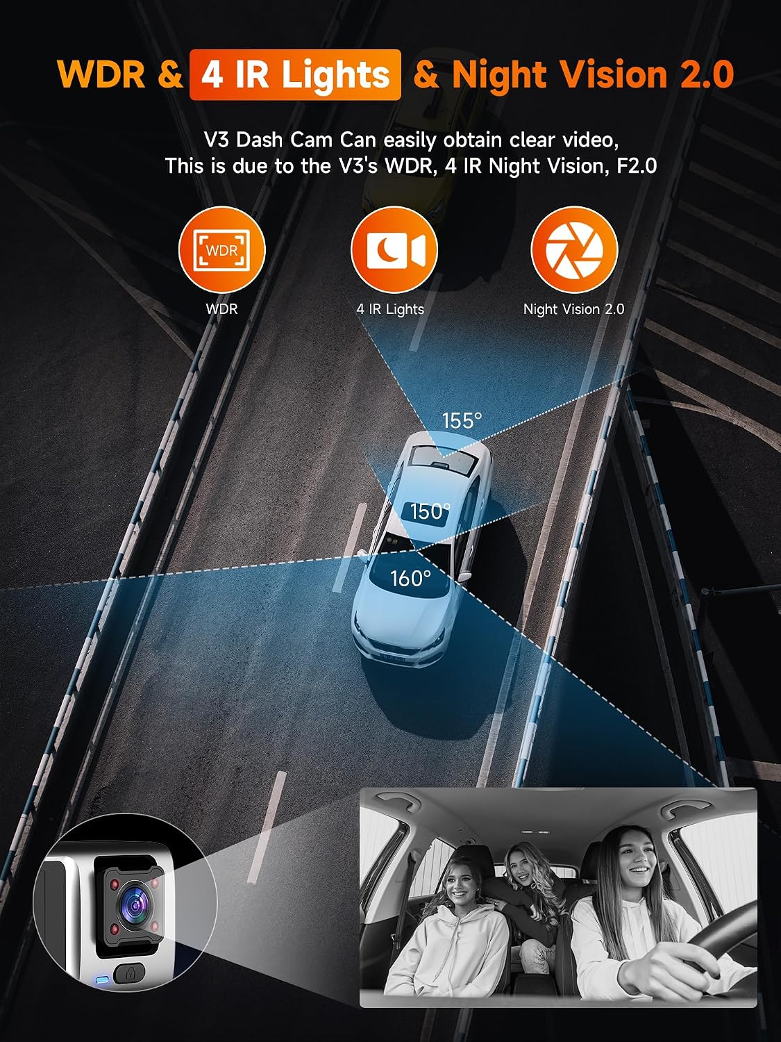 3 Channel Dash Cam Front and Rear Inside, 2.5K Front Cabin Recorder with Super Night Vision, WiFi App Control, Loop Recording, G-Sensor, 24H Parking Mode Dash Camera for Commuters & Family SUV