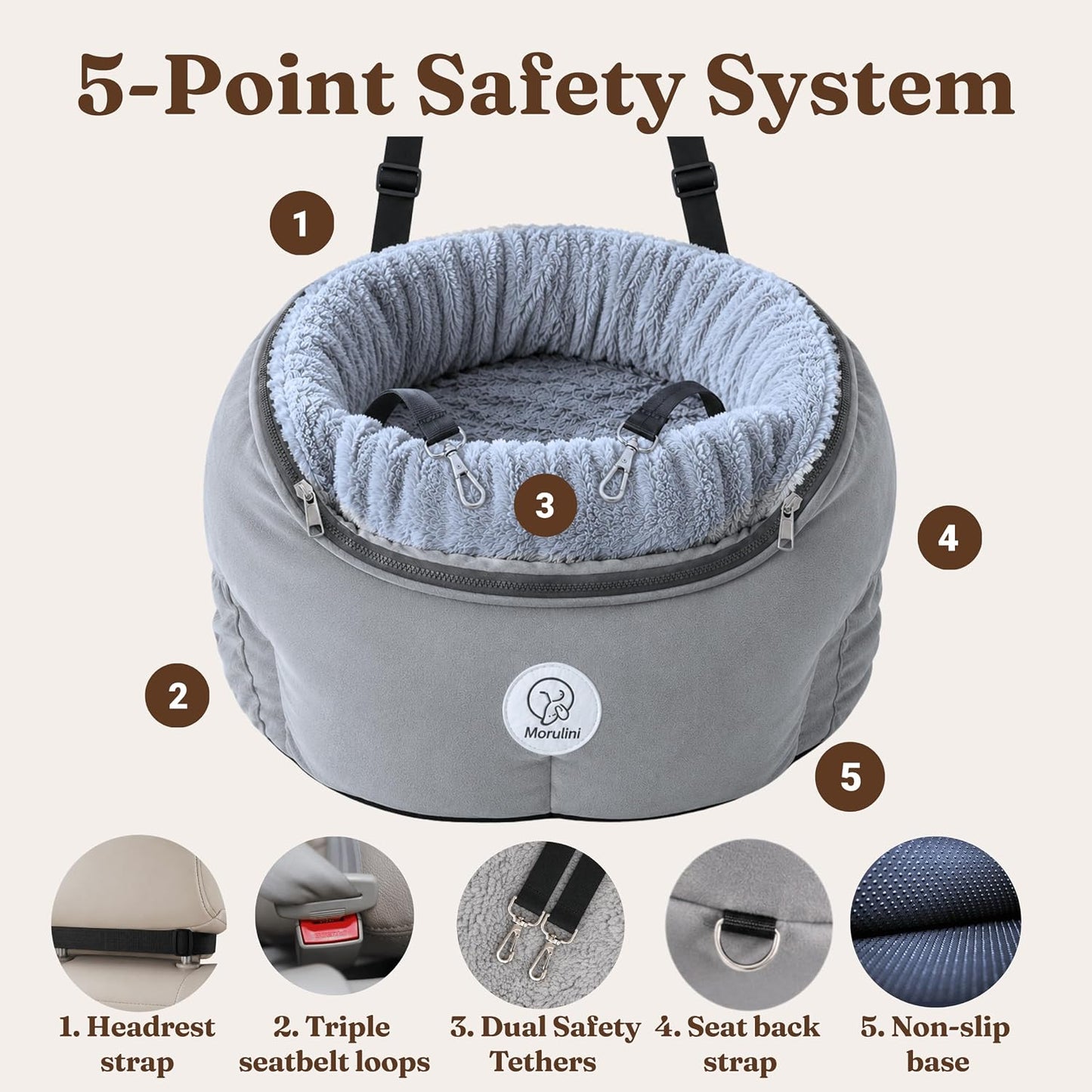 Orthopedic Dog Car Seat for Small Dogs up to 25lbs | Original Calming Burrow Nest, Car Anxiety Relief, 6" Memory Foam Booster & Travel Bed, 5 Point Safety,All Season