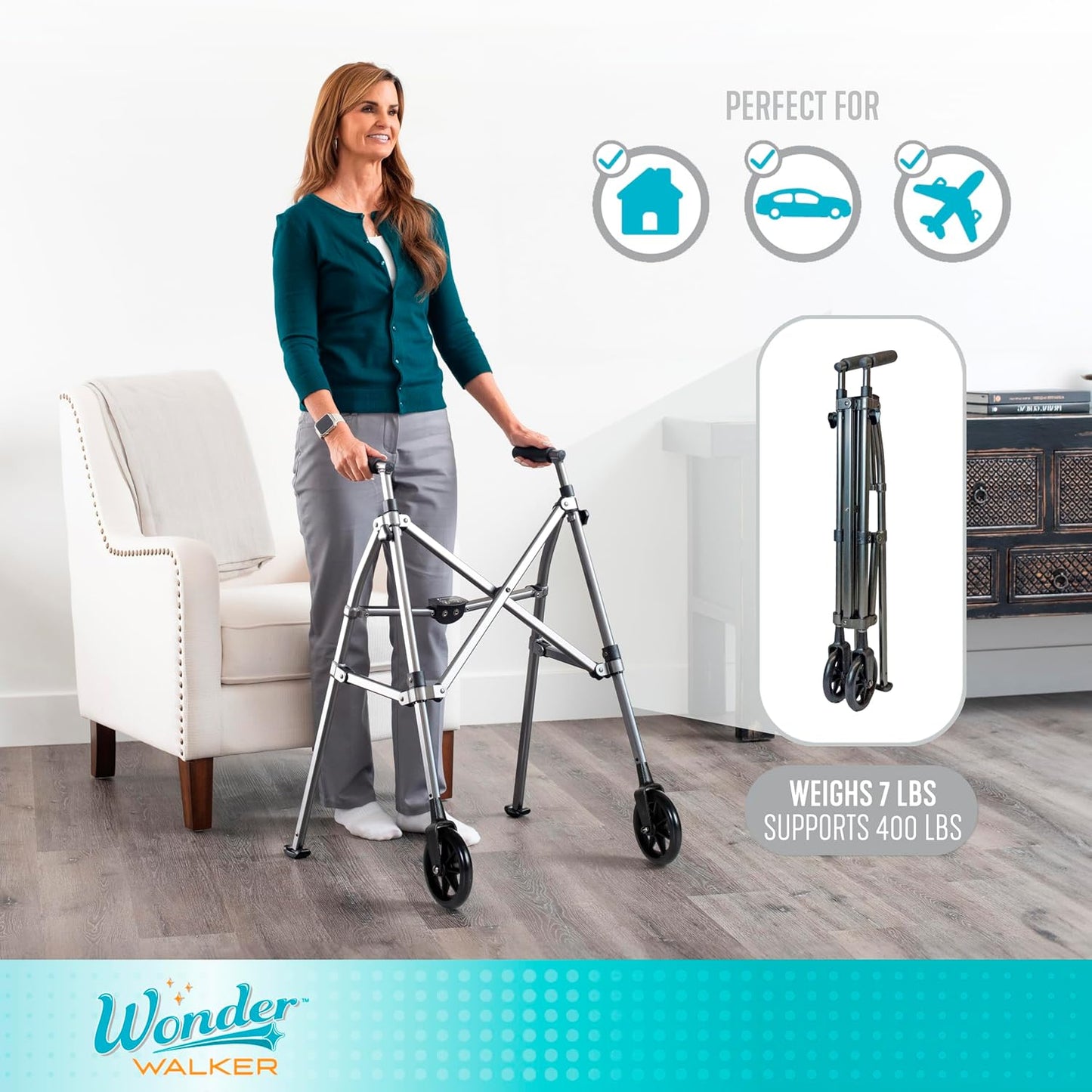 Stander Space Saver Walker Short, Lightweight Folding Rolling Mobility Aid for Juniors & Petite Adults, Compact 2-Wheel Disability Device with 6-inch Wheels & Rear Ski Glides, Cobalt Blue