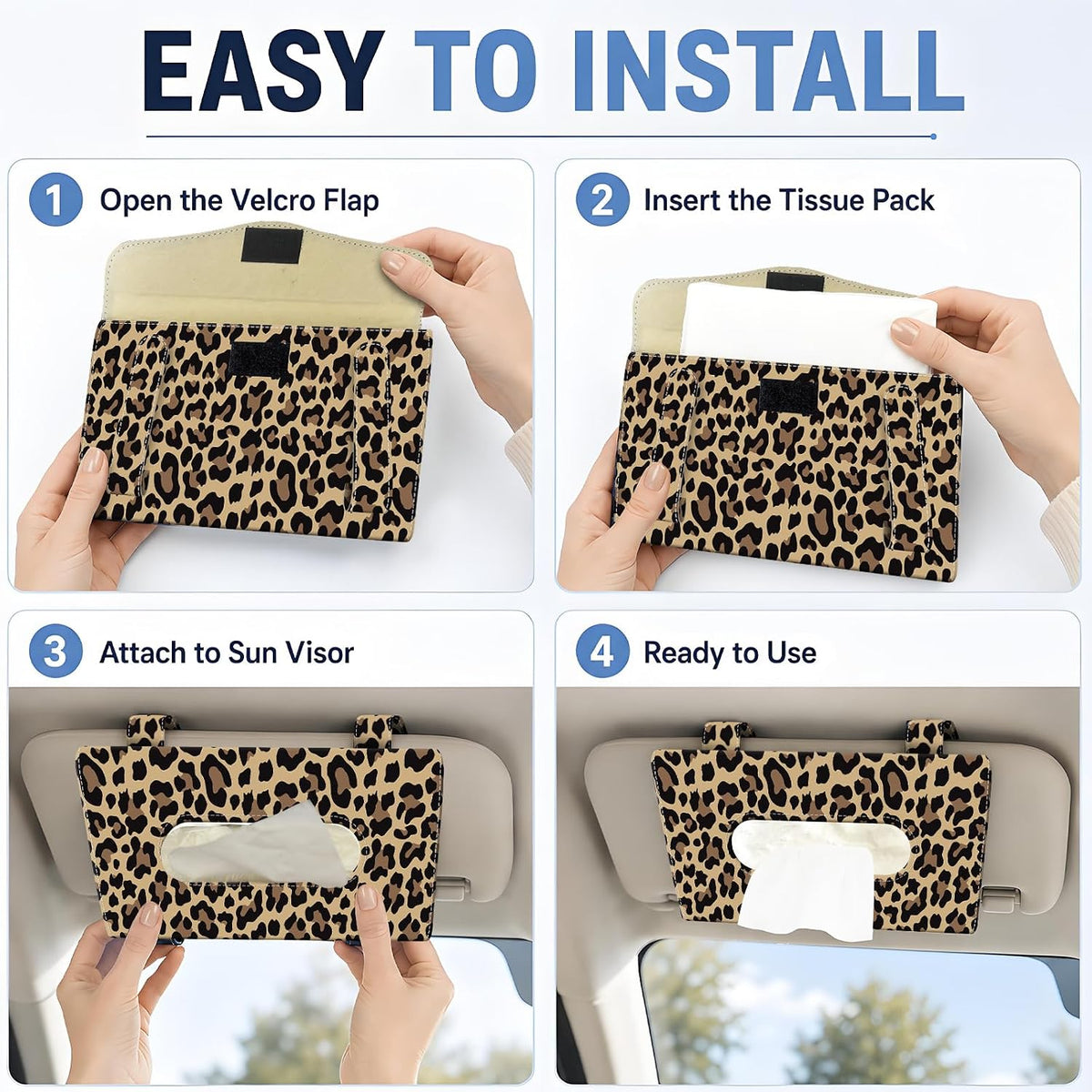 Car Tissue Holder, Cute Sun Visor Napkin Holder Backseat Tissue Case, PU Leather Tissue Box, Funny Car Accessories for Women Men Luxury Brown Leopard