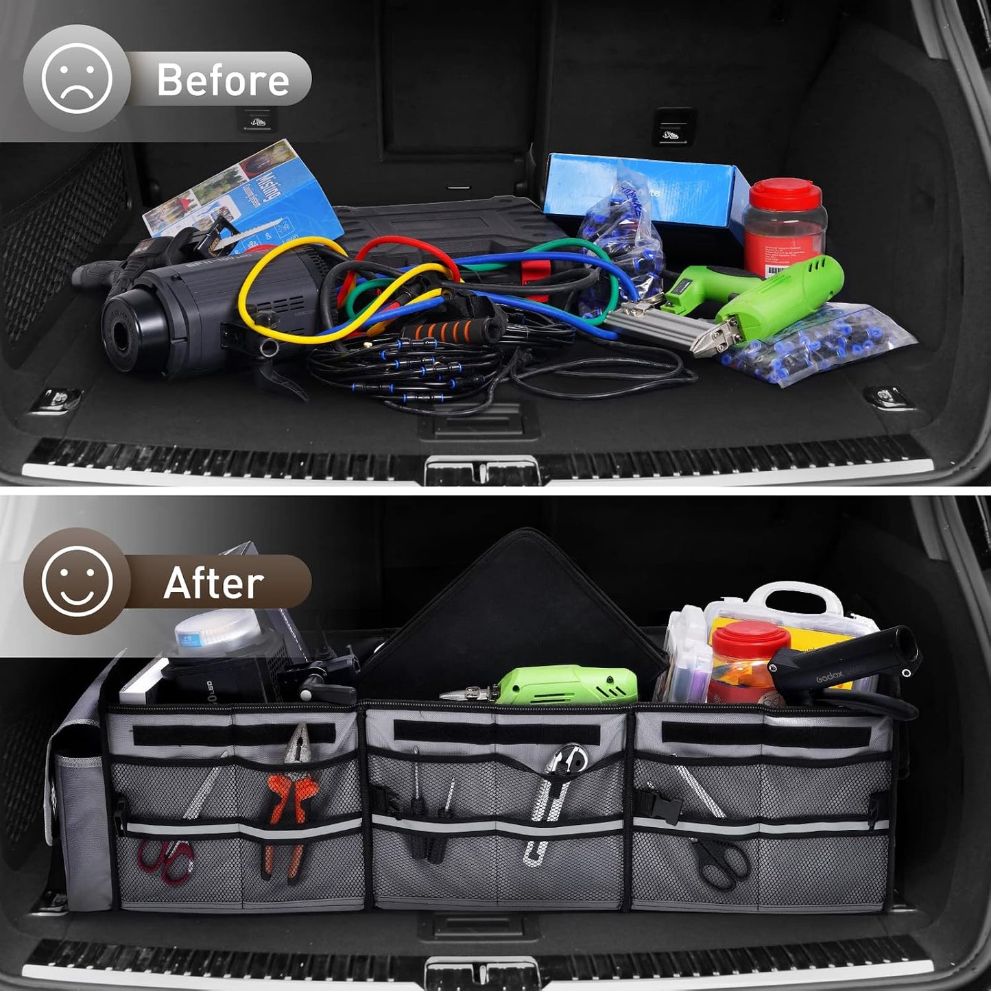 HIRALIY 4 in 1 Car Trunk Storage Organizer with Leakproof Cooler Bag, Multi-Compartment Foldable Trunk Storage Box for Car Truck SUV Gray