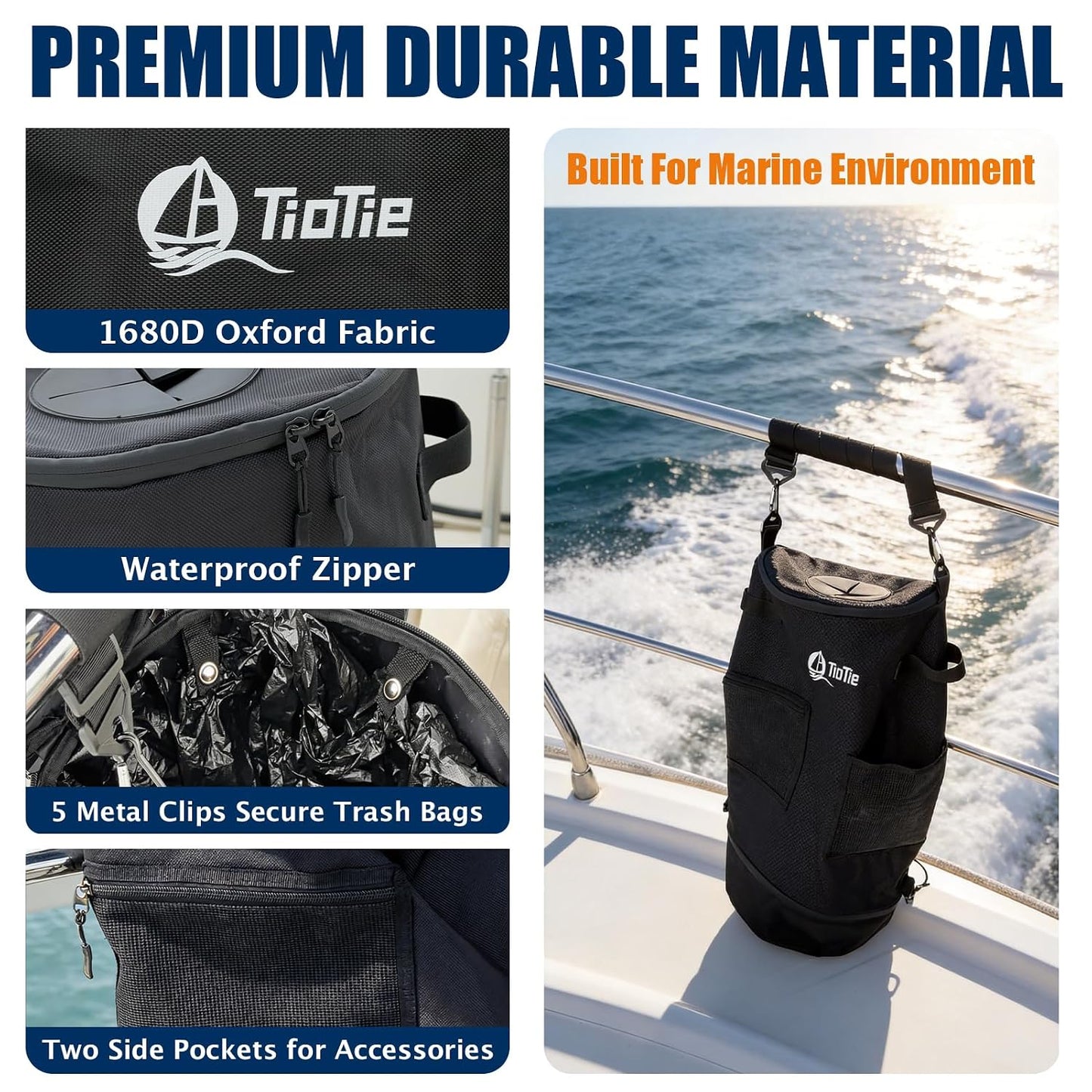 Boat Trash Can with 5.5in PVC Cross Opening, Large 26" Marine Garbage Bag for Pontoon, Fishing &amp; Kayak Boats, 1680D Waterproof/Windproof Boat Trash Bag with Storage Pockets (Black)