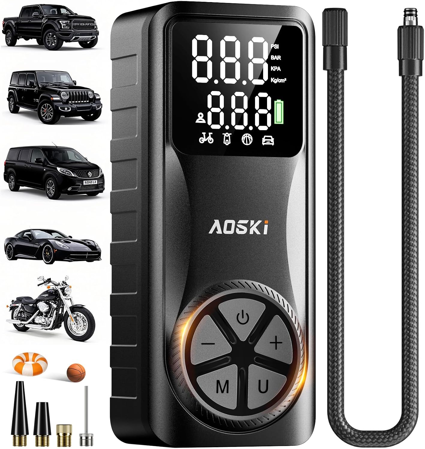 Tire Inflator Portable Air Compressor: Versatile Nozzles & 150PSI Fast Inflation Air Pump for Car Moto Bike Ball - One-Button Control - Senior-Friendly Solution for Elderly Drivers