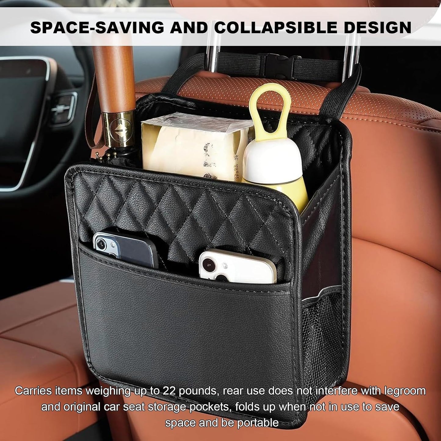 2 PCS Car Back Seat Organizer, Foldable Leather Backseat Hanging Storage Bag with Adjustable Strap, Multifunction Seat Back Organizer Large Capacity Storage Bag with Mesh Pocket