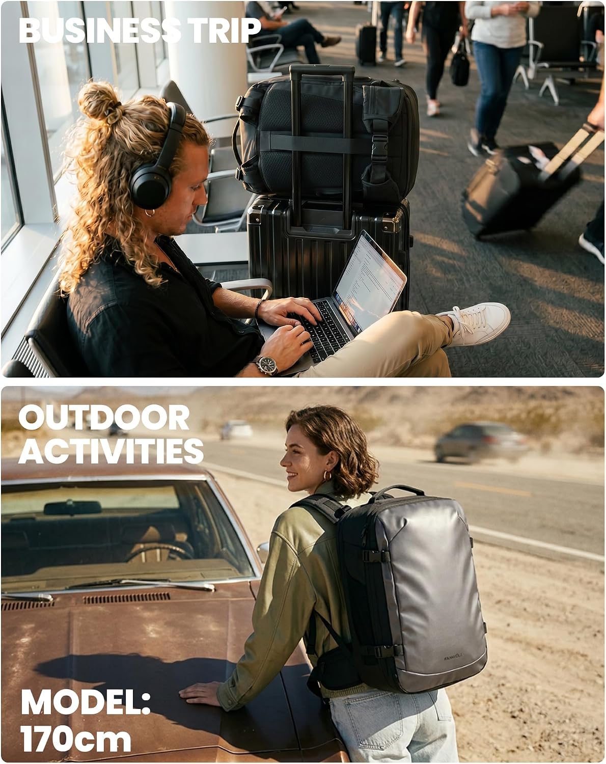 Fanwoli Travel Backpack with One-Button Vacuum System, Carry-On | Built-in Pump, Detachable Hip Belt, Expandable, TSA Lock, Water-Repellent, Wet/Dry Separate, Shoe Pocket, Fits 17" Laptop