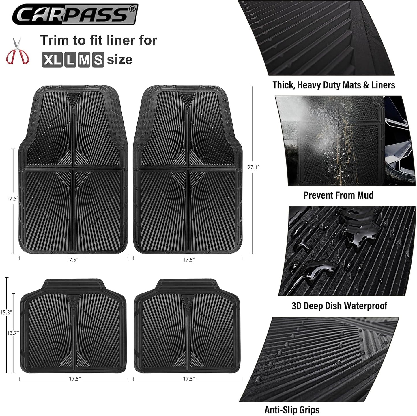 CAR PASS Rubber Car Floor Mats, All Weather Waterproof Car Mats, Universal Trim to Fit for Automotive, SUVs, Trucks, Vehicles, Anti-Slip Easy Clean, Heavy Duty Full Set 4 Piece, Black