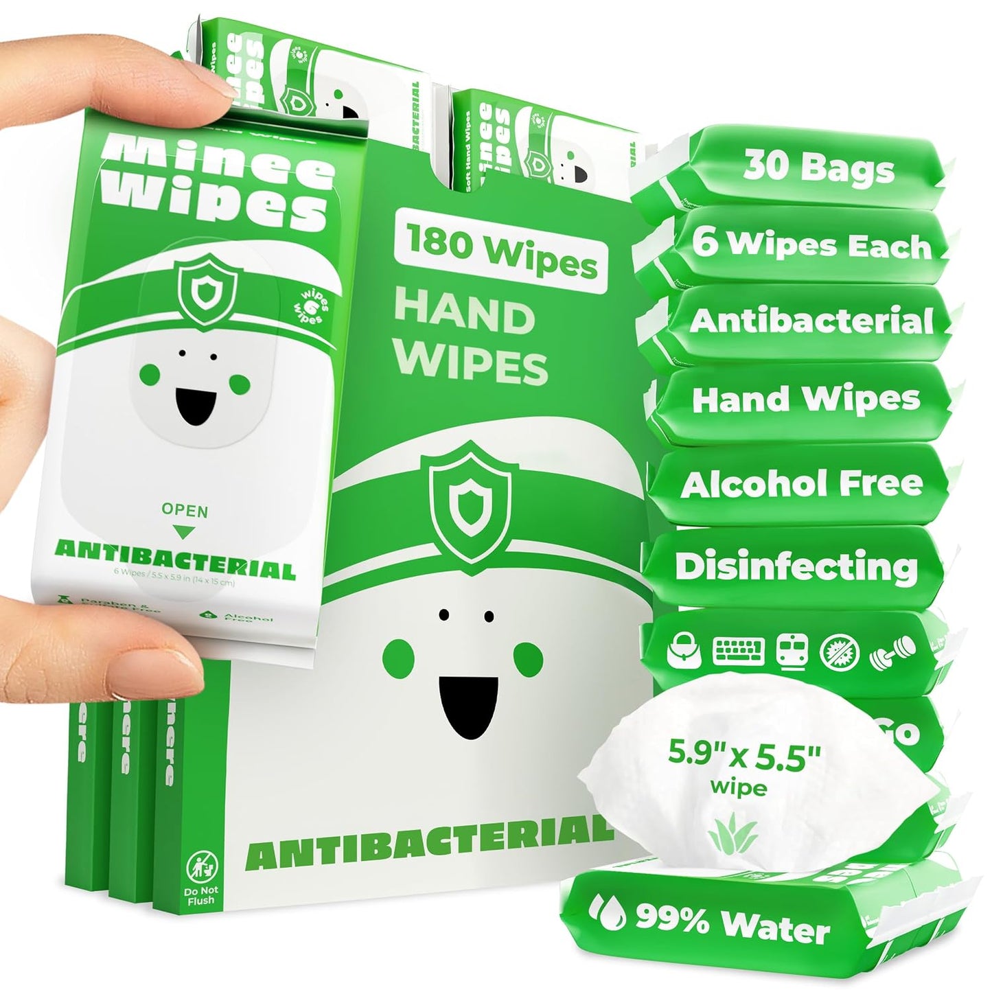 Impossibly Compact Travel Antibacterial Wipes Hand Sanitizer - 99% Water and Aloe - Safe for Sensitive Skin, Hand Wipes - Travel Essentials For Adults & Kids, 30 Pack Total 180 Wipes