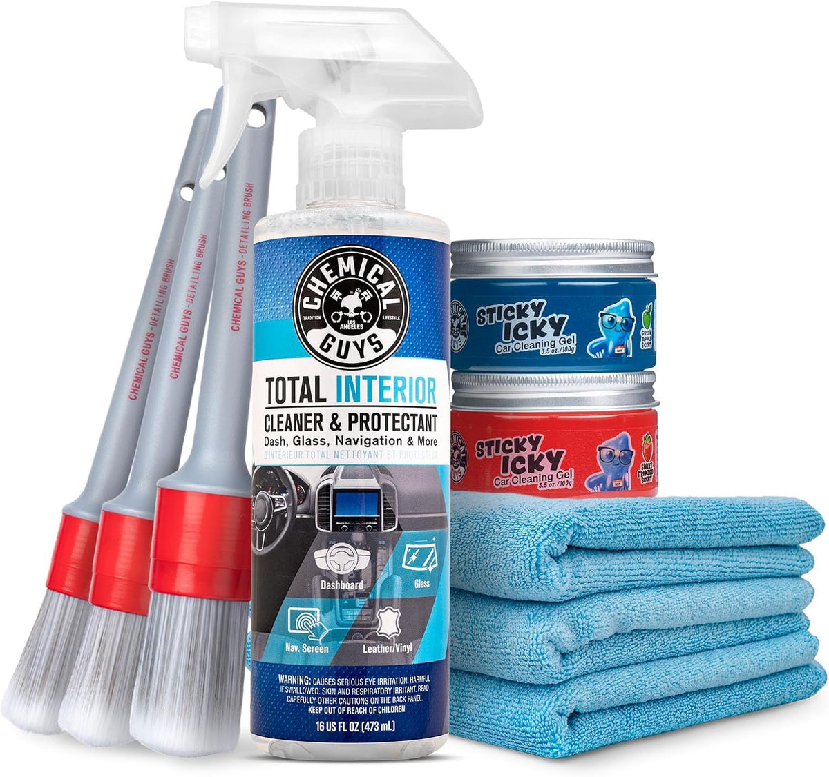 Chemical Guys 9-Piece Interior Car Cleaning Kit with Total Interior Cleaner | Sticky Icky Car Cleaning Gel, detailing brushes, and microfiber towels, complete car interior cleaning and refresh bundle