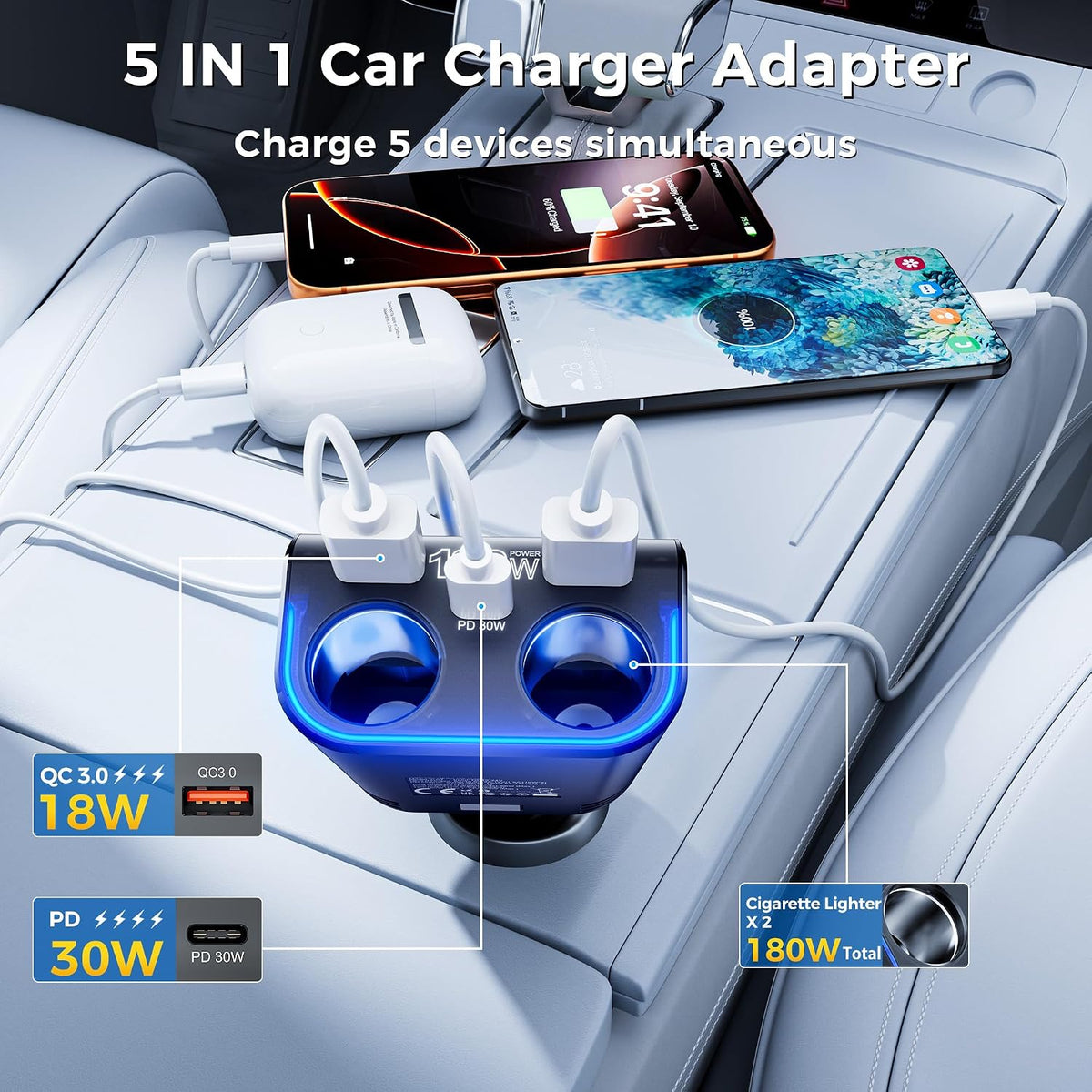 SONRU 180W Cigarette Lighter Splitter,30W PD Dual QC3.0 Car Charger Adapter