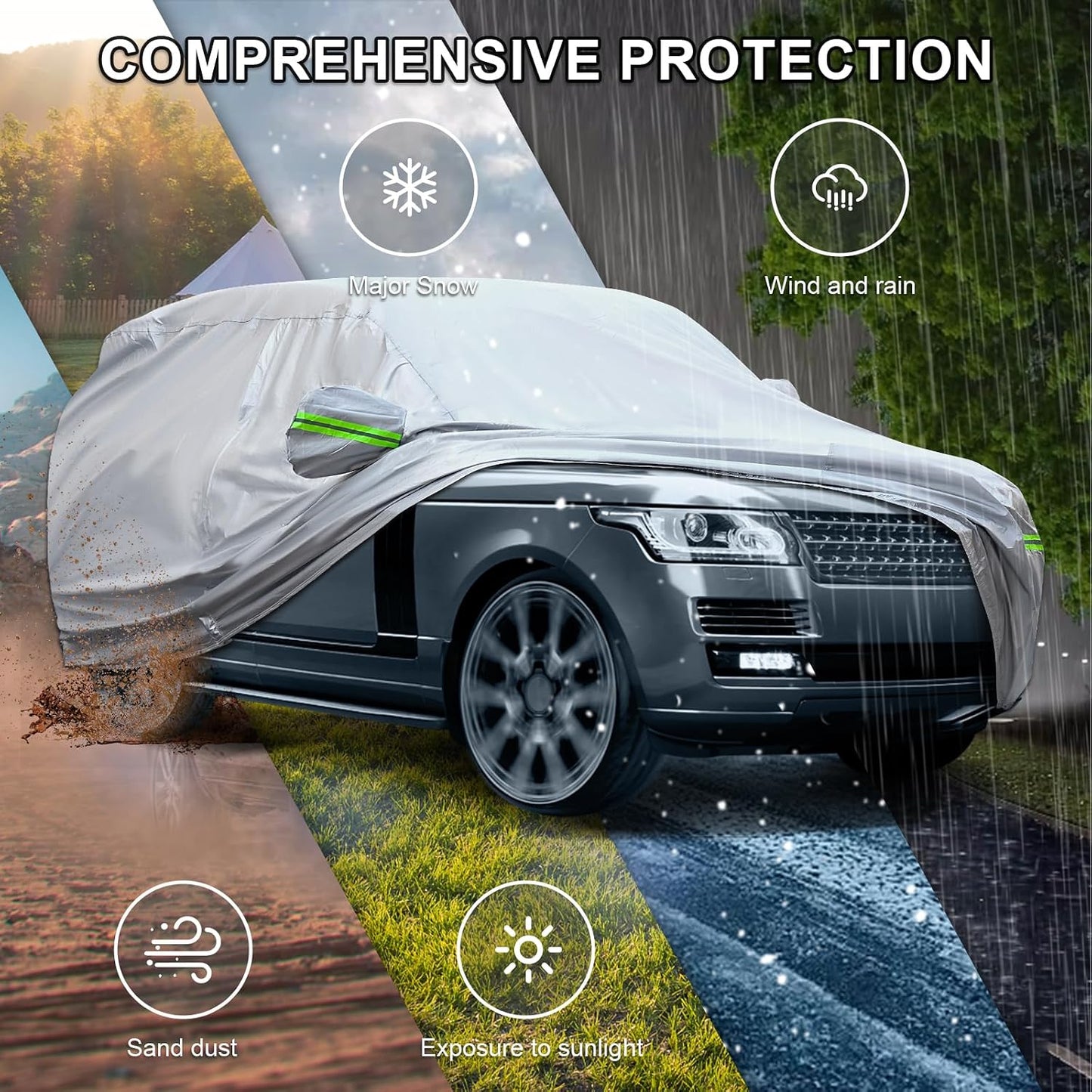 Full Car Cover Universal 6 Layers Outdoor Thicked All Weather Cover, Sunshield, Waterproof, Snow Proof, UV Proof, Scratch Proof, Bird Droppings, 6 Reflective Strips, Fits SUVs up 181"-190"