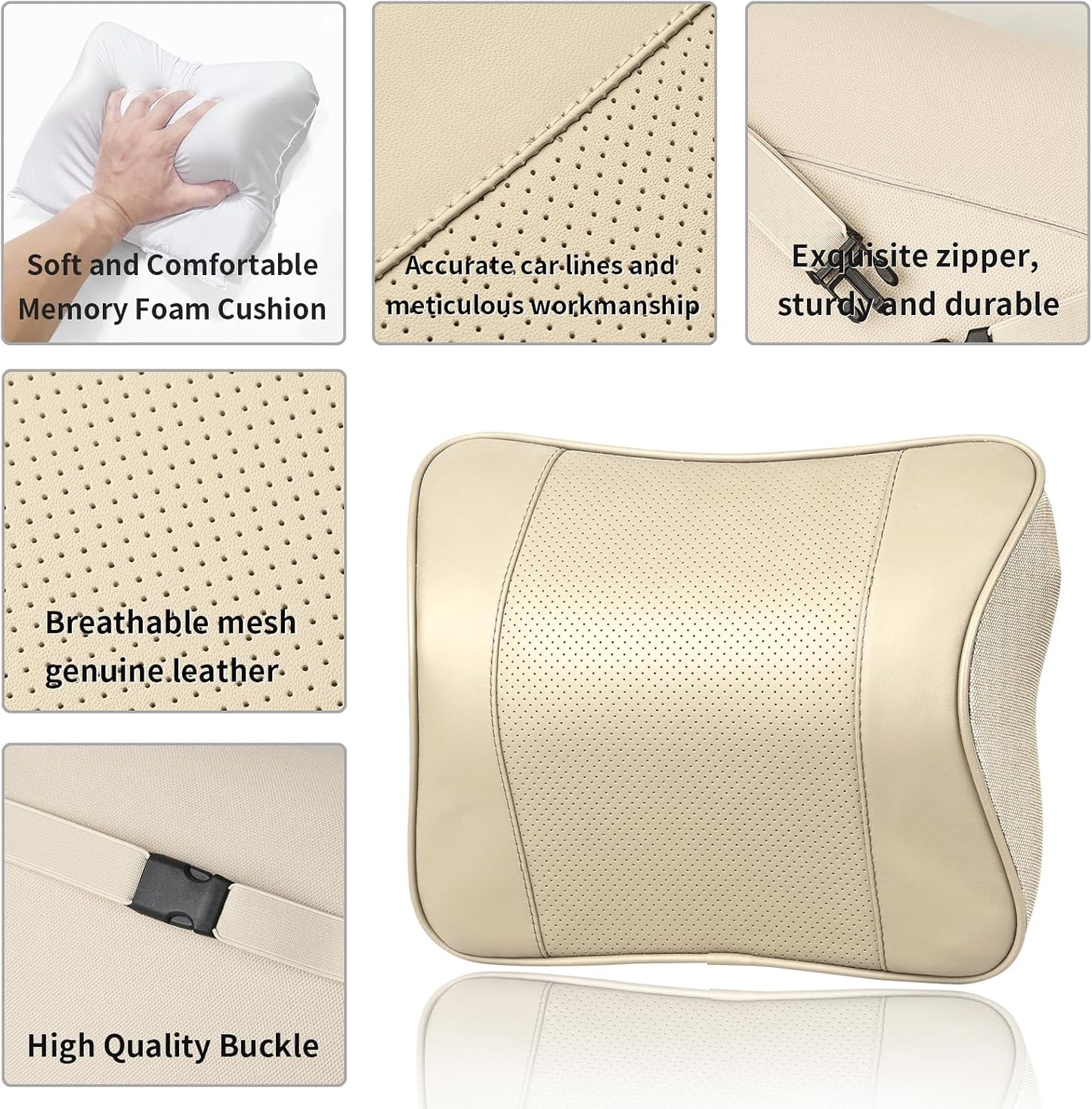 Quintor Genuine Leather Car Neck Pillow,Memory Foam Headrest Cushion, Ergonomic Cervical Support for Tesla Model 3/Y/X, Lexus, BMW- Breathable & All-Season Soft (2 PC)