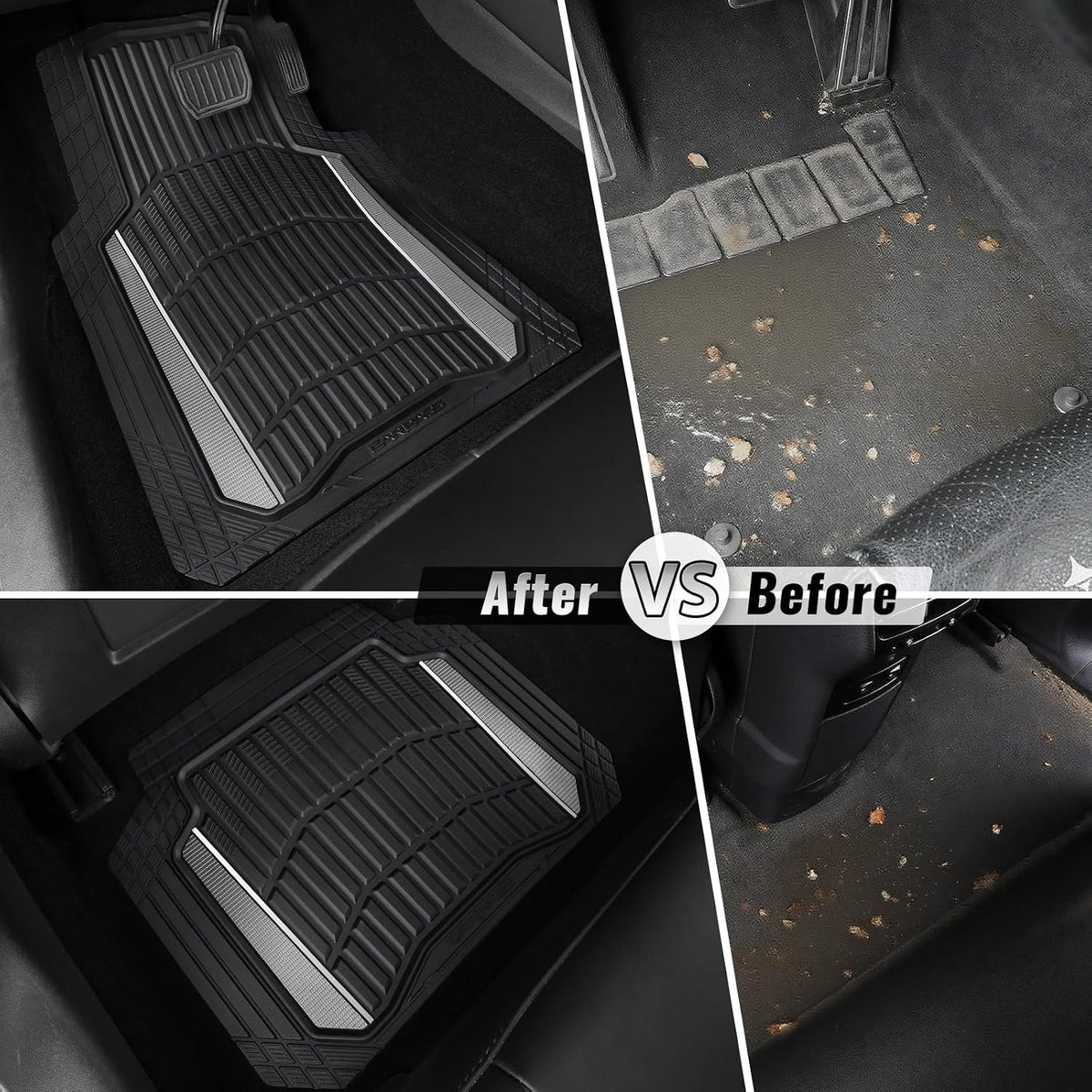 CAR PASS Heavy Duty Rubber Car Floor Mats, Deep Waterproof Car Floor Mats All Weather, Aluminum Film Floor Mats for Cars Non-Slip Universal Trim to Fit for SUVs Trucks Sedans Vans, Black Grey Metallic