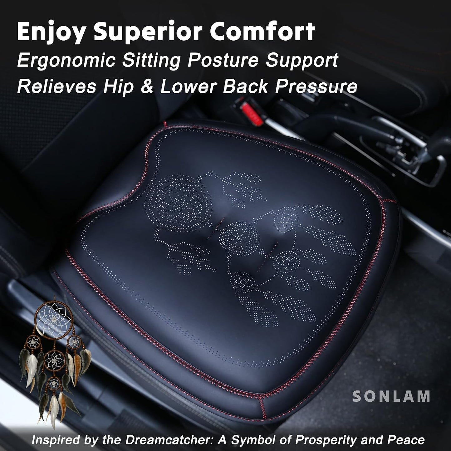 Comfort Dreamcatcher Car Seat Cushion Non-Slip - Relaxing, Optimal Support & Posture for Long Drive (14. Front Seats (Black with Red))