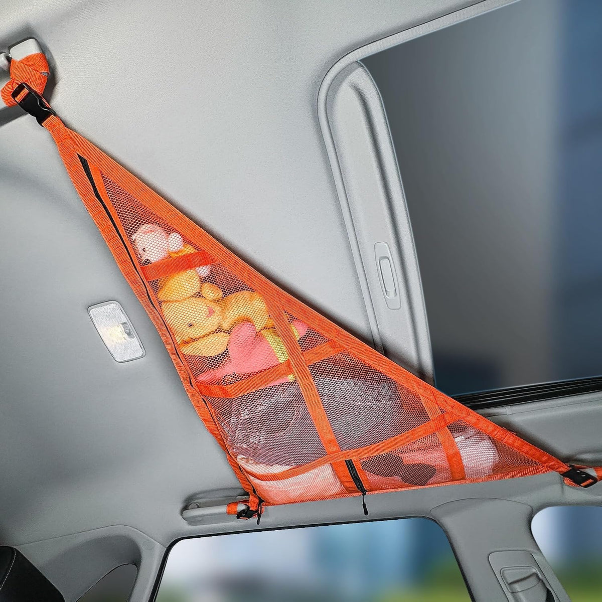 3 Handles Car Ceiling Cargo Net for Inside Car Roof,Interior Mesh Storage,Truck SUV Travel Long Road Trip Camping Interior Accessories 35.4"x25.6",Orange