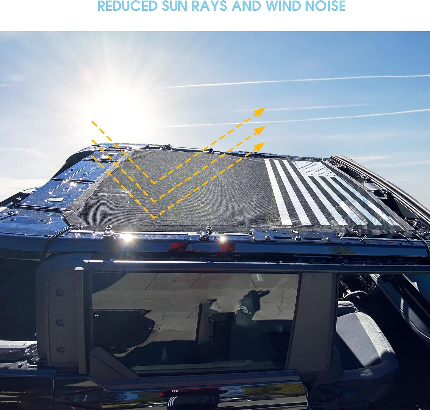 sukemichi Sunshade for Ford Bronco,Mesh Sun Shade Bikini Top Cover Bimini Top for Ford Bronco Accessories 2021 2022 2023 2024 2025 2026 4 Door - Blocks UV, Wind, Noise, (Flag)