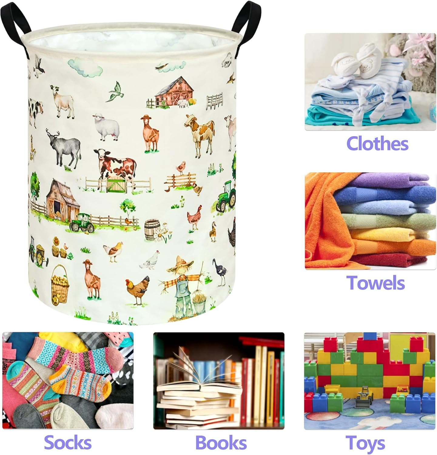 Collapsible Kids Laundry Basket Clothes Hamper, Foldable Storage Organizer Bin, Toy Clothes Storage with Handles for Boys Girls Bedroom, Room Decor Farm