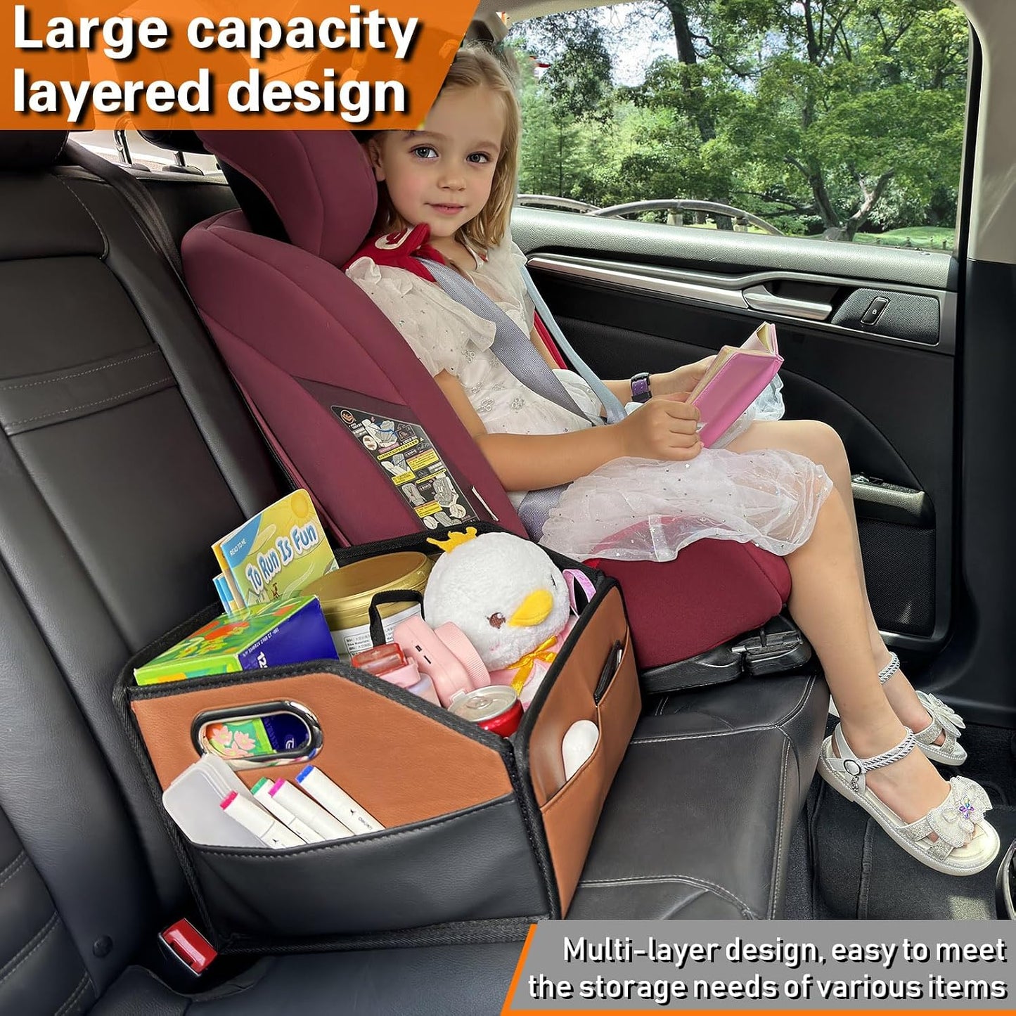 Noaman Car Organizer - 2025 Upgraded Leather Car Storage Organizer for Front Back Seat or Floor with 3 Metal Handles 6 Apartments, Multipurpose Car Organizers and Storage Brown.