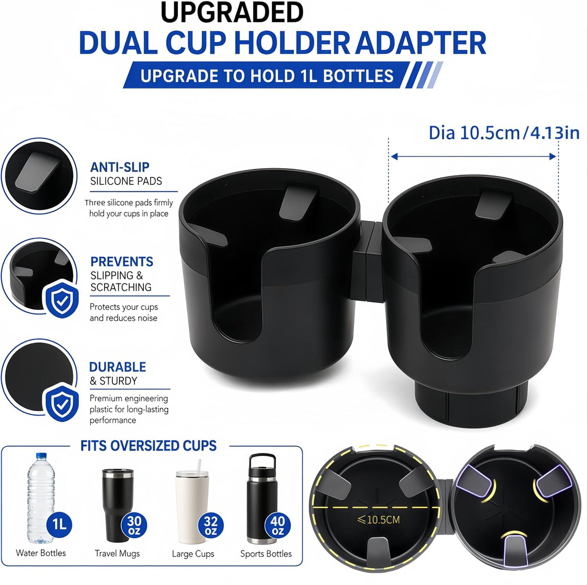 2 in 1 Cup Holder Expander, Dual Cup Holder Expander with Adjustable Base, Universal Multifunctional Cup Holder Insert for 10-46 OZ Bottles Cups Drinks Snack Organizer Holder (Black)