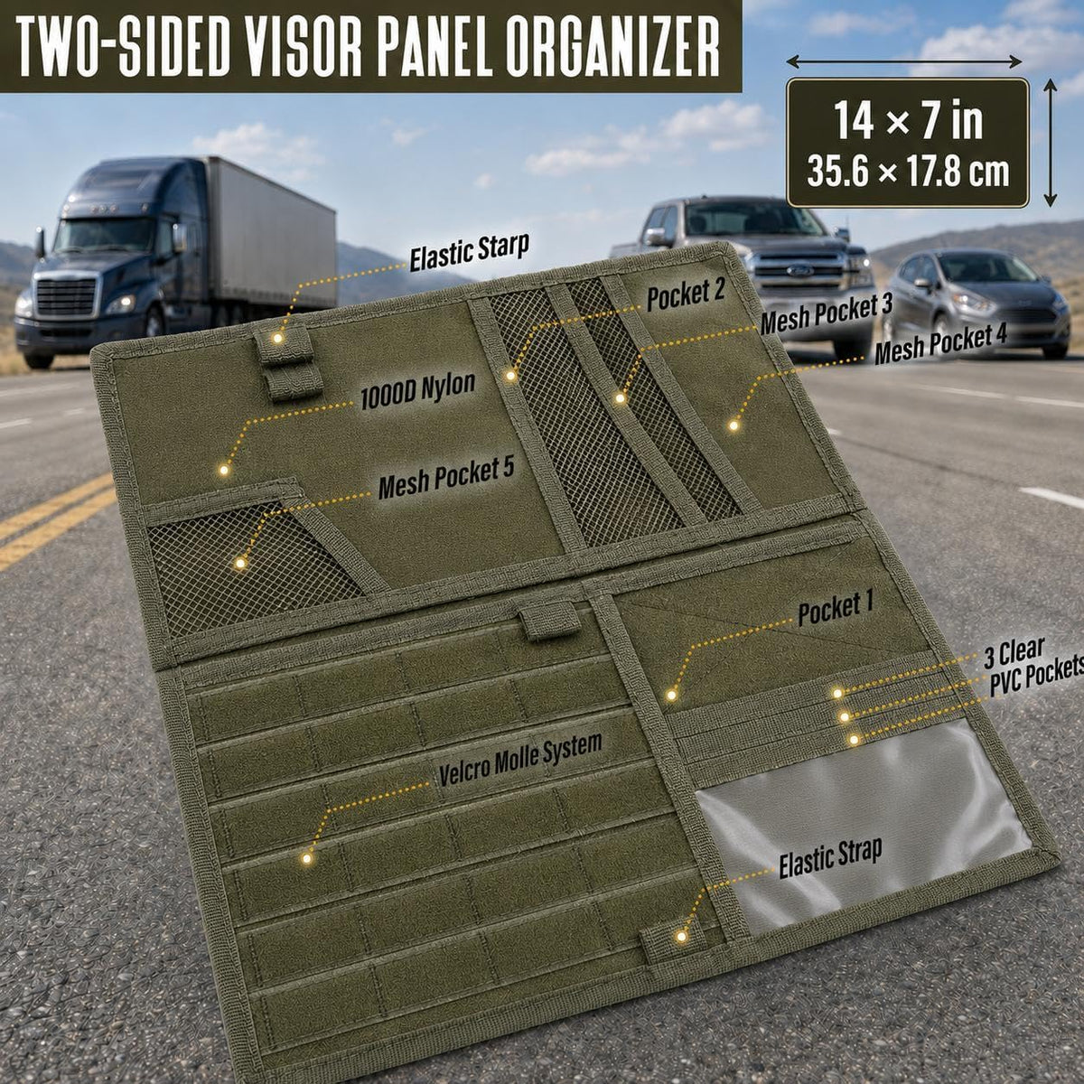 Car Sun Visor Organizer, Tactical MOLLE Visor Panel for SUV, Pickup Truck, Jeep & Car – Double-Sided EDC Storage Panel for Sunglasses, Documents, Flashlight, Pens & Tools