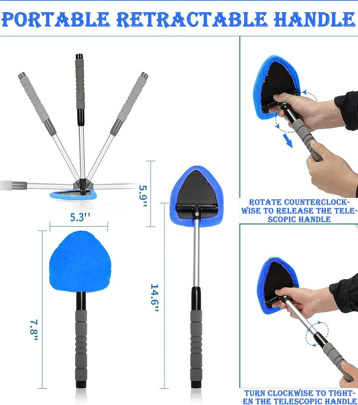 Car Windshield Cleaner Tool with Reusable Pads Extendable Handle(Blue)