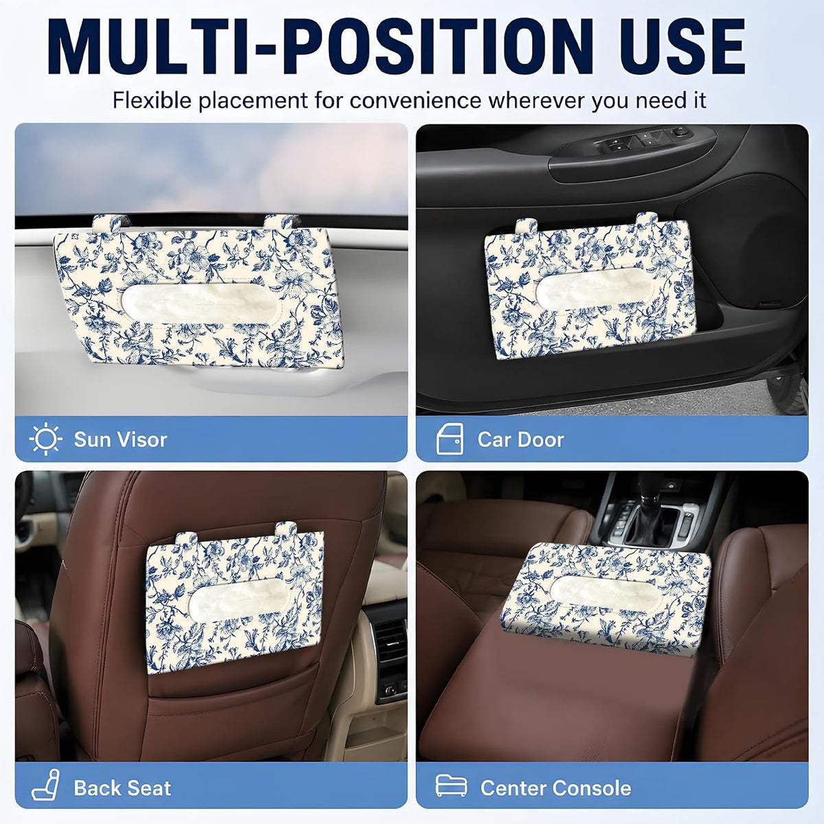 Car Tissue Holder, Cute Sun Visor Napkin Holder Backseat Tissue Case, PU Leather Tissue Box, Funny Car Accessories for Women Men Luxury Blue Flowers
