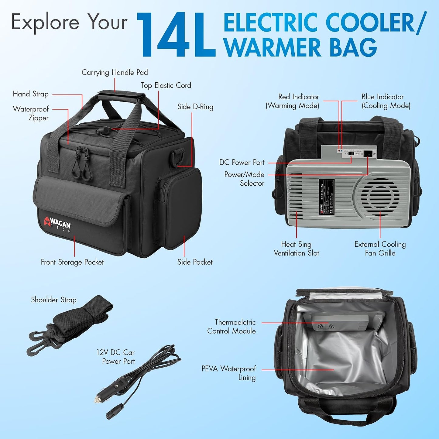 Wagan EL6234 14L Electric Cooler Warmer Bag 14 Liter Capacity Portable Thermoelectric Car Cooler with 12V DC, Soft-Sided Travel Cooler Warmer for Car, Truck, RV and Camping Use