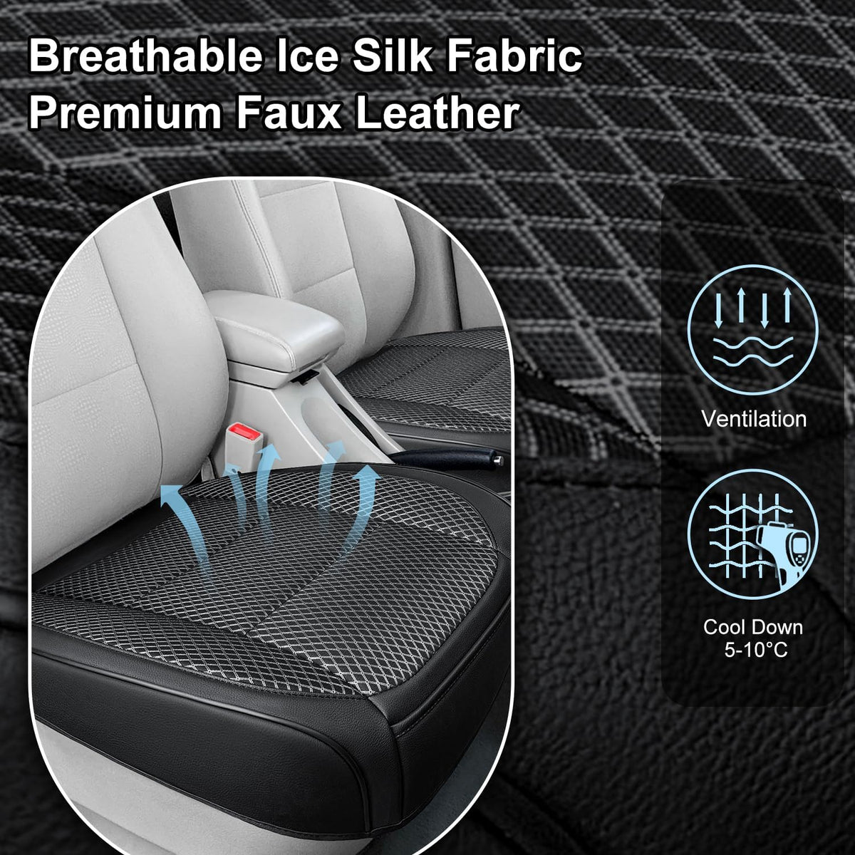 2 Pack Black Ventilated Bottom Car Seat Cover, 3D Air Mesh Breathable Front Leather Car Seat Protectors, Universal Fit Automotive Comfortable Seat Cushion with Storage Pocket for Car Truck SUV