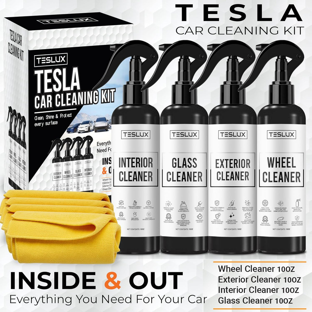 Complete Cleaning Kit for Tesla – Interior Cleaner, Exterior Cleaner, Glass Cleaner, Wheel Cleaner – All-in-One Detailing Solution for Tesla Model 3, Y, S, X