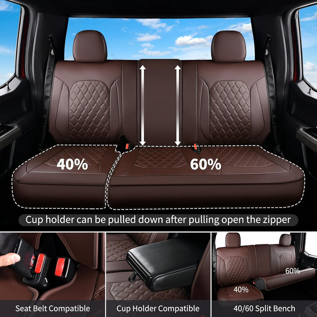Huidasource Ford Custom Seat Covers, Car Seat Cushion Cover Fit for 2015-2026 Ford F150 SuperCrew & 2017-2026 F250 F350 F450 Super Duty Crew Cab XL XLT Lariat King Ranch Platinum(Full Set/Coffee)