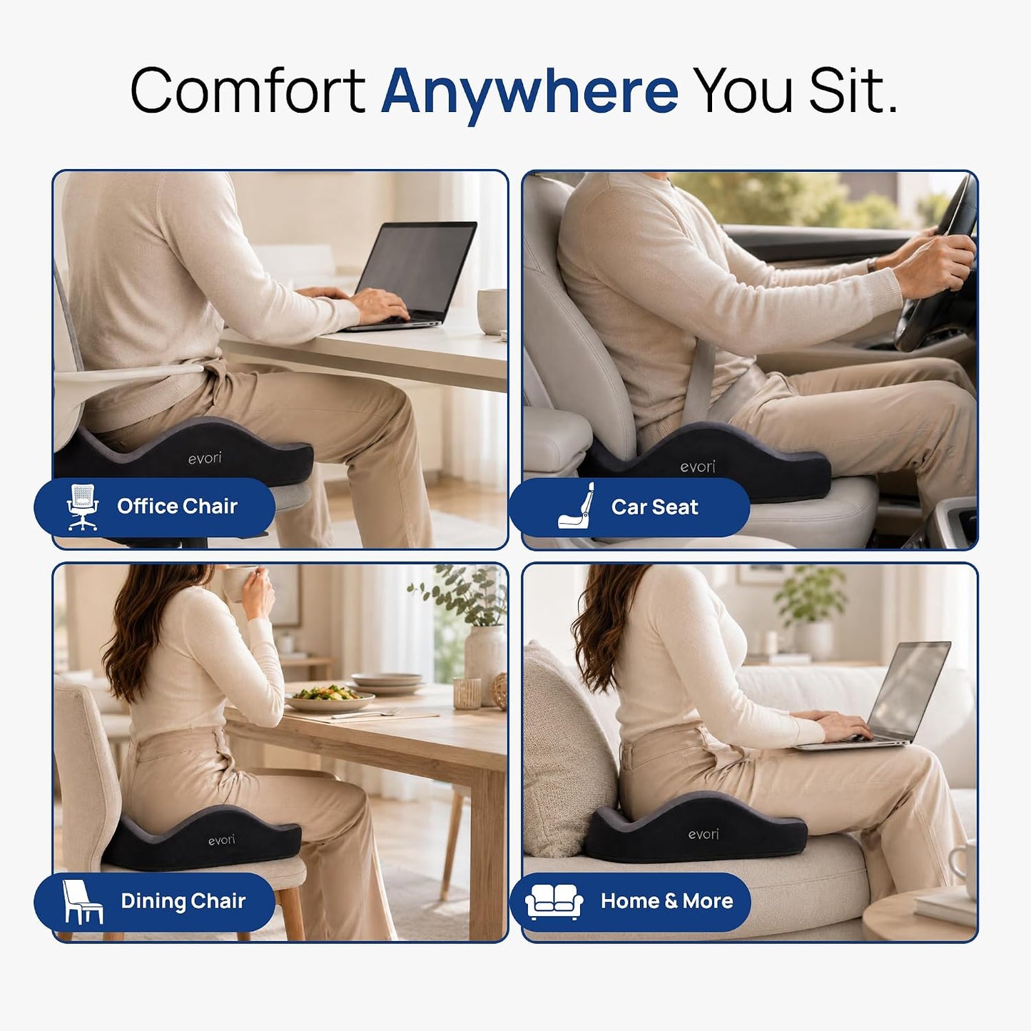 evori Comfort Cushion – Memory Foam Cushion for Office Chair, Car & Computer Chair, Ergonomic Support for Long Sitting & Daily Use