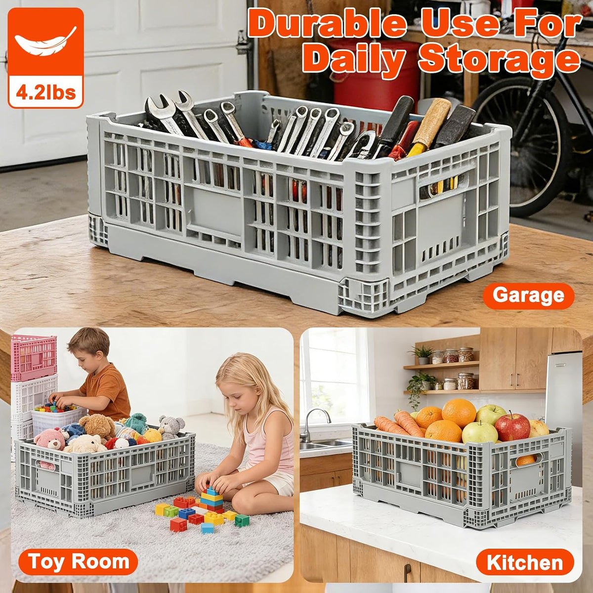 52L Collapsible Crate with Handles, Milk Crates Heavy Duty,