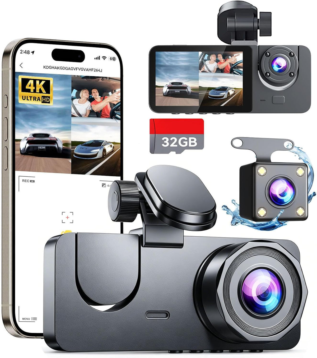Dash Cam Front and Rear Inside 3 Channel, 4K Full HD Dash Camera for Cars