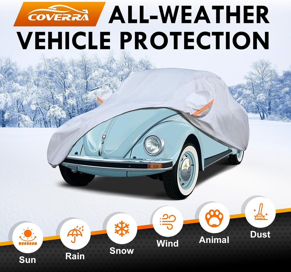 Car Cover Custom Fit for VW Beetle Bug 2-Door 1960-1980, 6 Layer Heavy Duty Waterproof All Weather Car Tarp Outdoor Protection with Cotton Lining