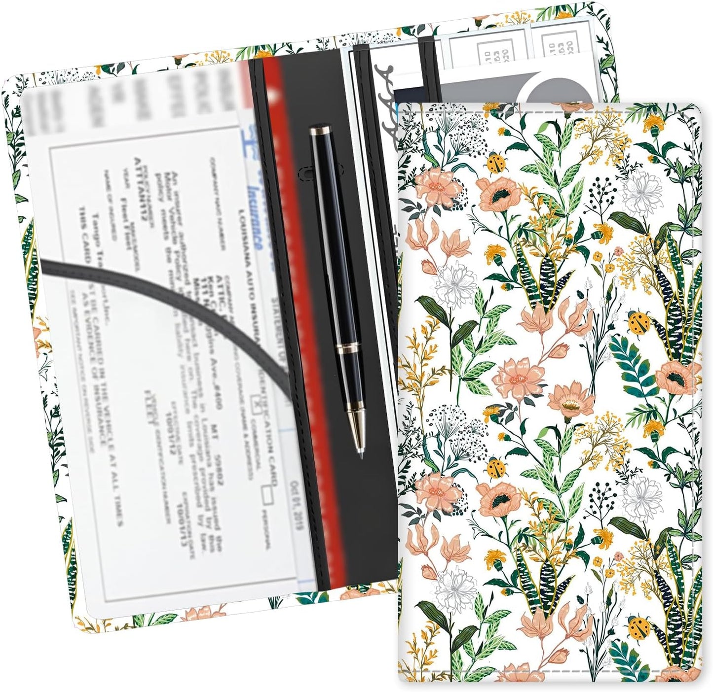 Leather Car Registration and Insurance Card Holder, Cute Car Accessories Vehicle Glove Box Car Organizer for Documents, Cards, License Beautiful Floral