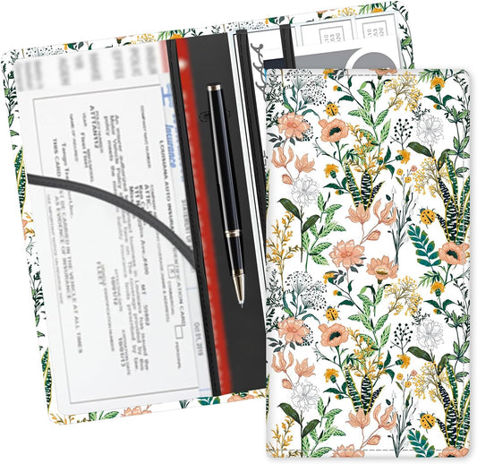 Leather Car Registration and Insurance Card Holder, Cute Car Accessories Vehicle Glove Box Car Organizer for Documents, Cards, License Beautiful Floral