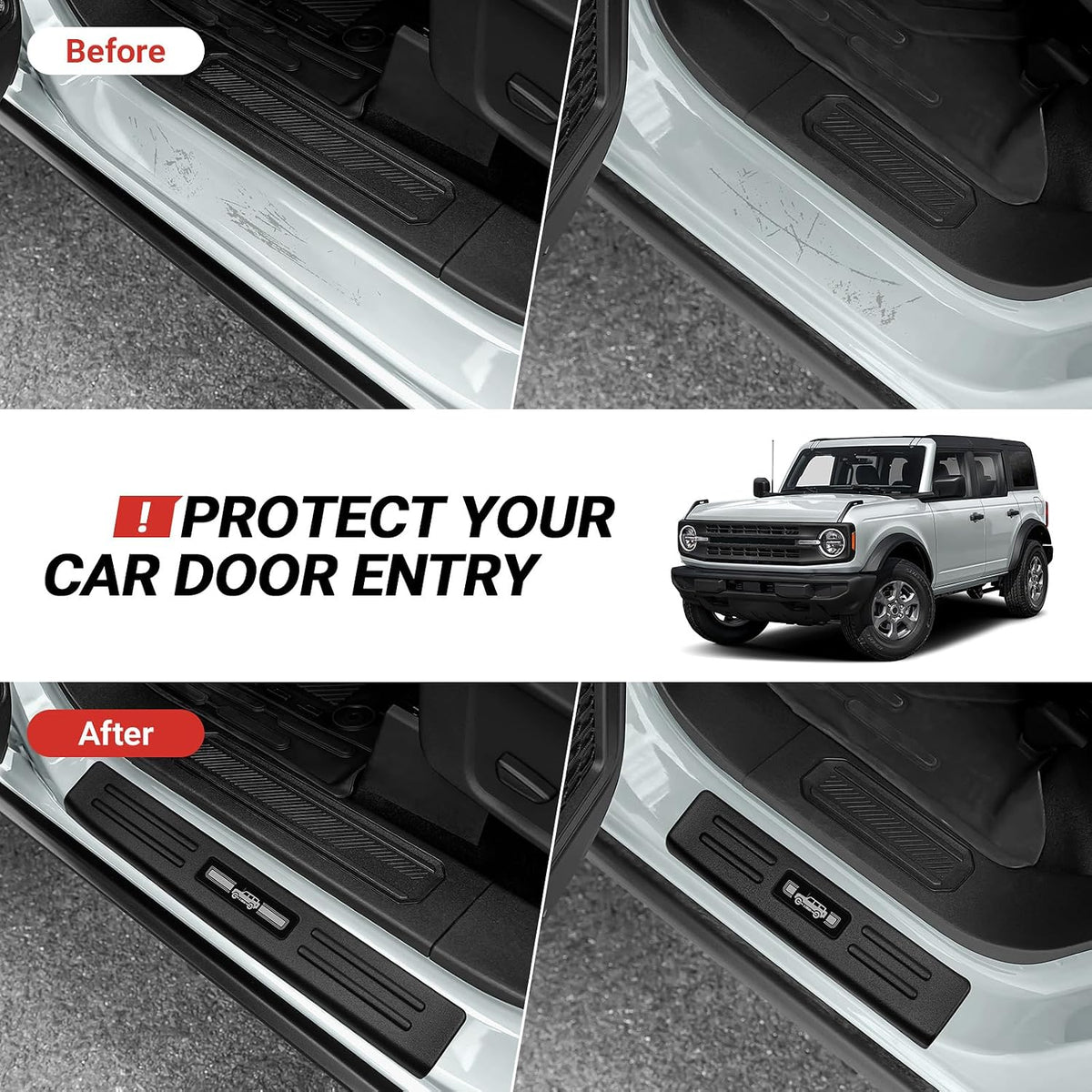Hellet 4PCS Car Door Sill Protector for Ford 2021-2025 2026 Bronco Accessories (Not for Bronco Sport) Matte Black ABS Plastic Material Full Coverage Door Entry Guards