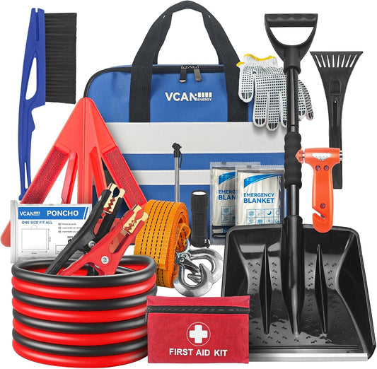VCANENERGY Car Emergency Kit with Jumper Cable, First Aid Kit, Winter Travel Assistance with Detachable Snow Shovel, Safety Emergency Kit for Cars, Trucks
