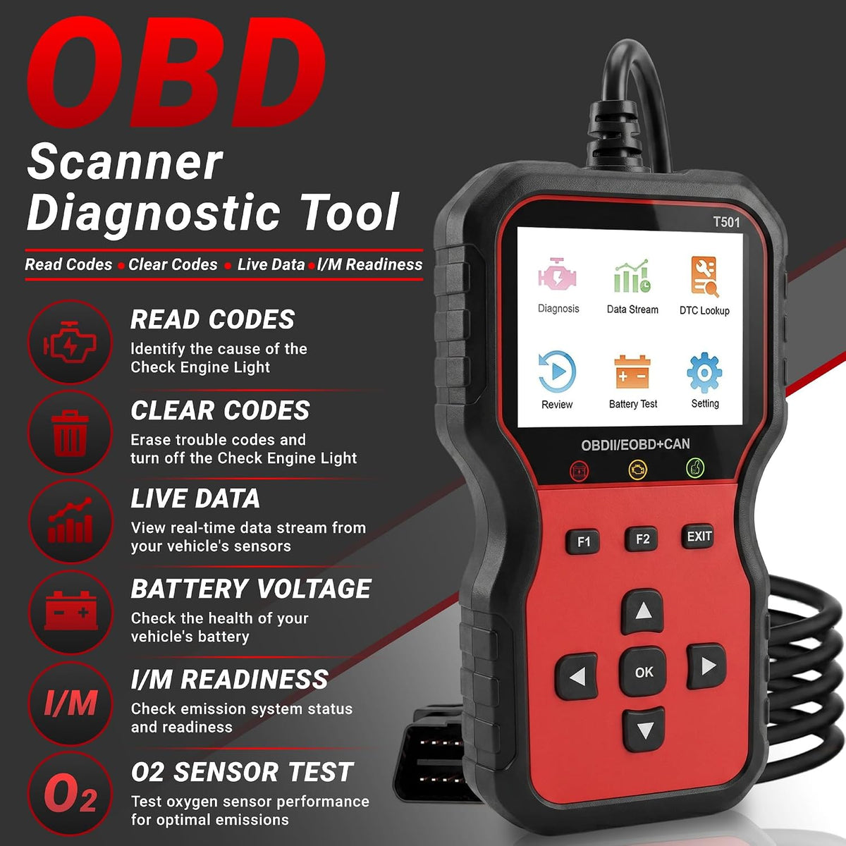 T501 OBD2 Scanner with Battery Tester, Check Engine Fault Code Reader