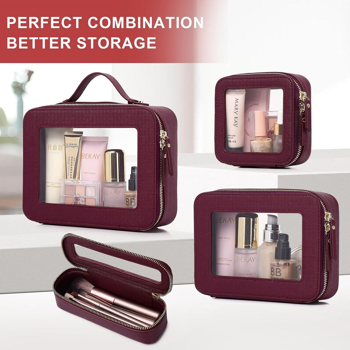 Pinkmik Clear Makeup Bag with Brush Bag, (Burgundy, L+SLIM)