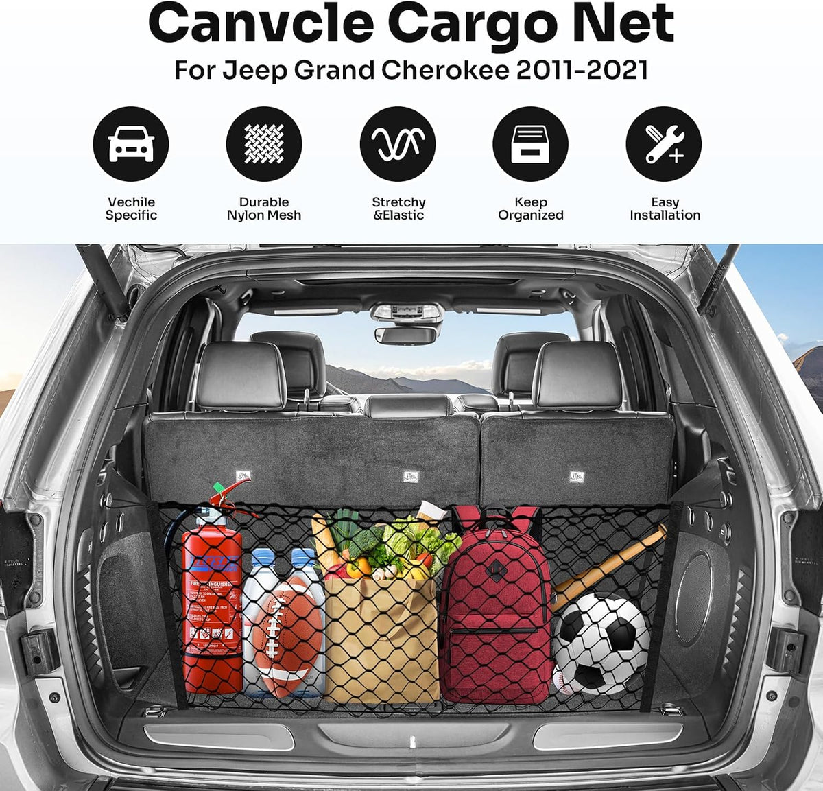 Canvcle Trunk Cargo Net for 2011-2021 Jeep Grand Cherokee Accessories Envelope Style Mesh Trunk Net Organizer and Storage Stretchable Adjustable Elastic Nylon Rear Cargo Netting with Hooks