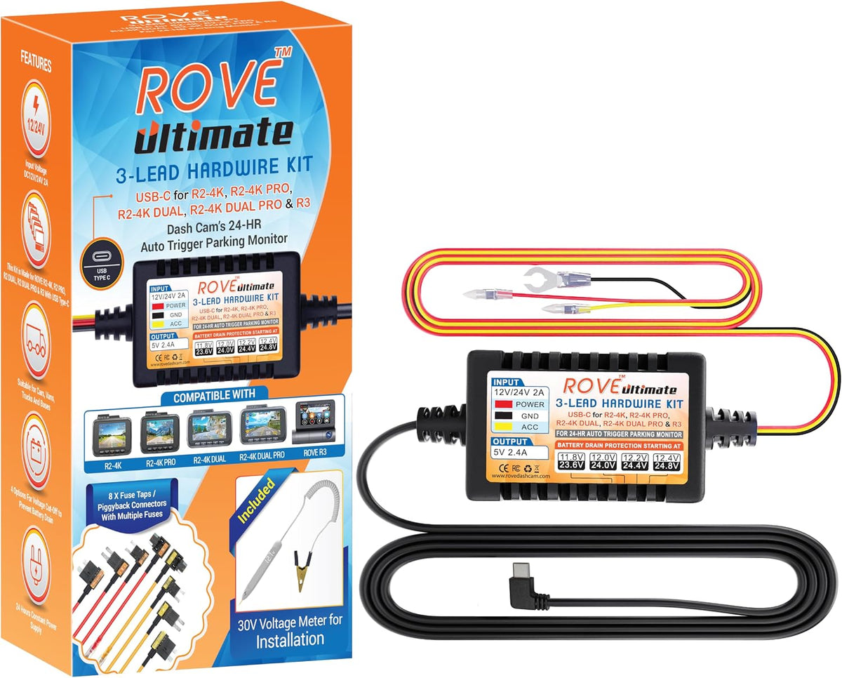 ROVE Ultimate Dash Cam Hardwire Kit, USB-C Port, 24Hr Parking Monitoring