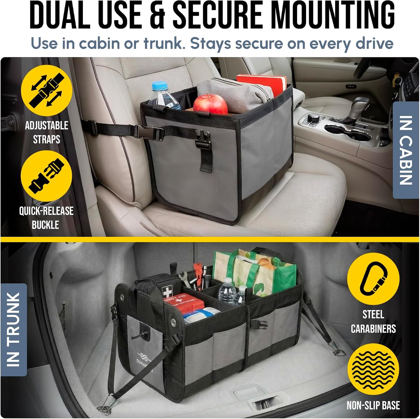 Modular 4-Section XL Trunk Organizer – Car Storage for Groceries, Tools, Sports Gear, Emergency Kits – Extra Large Multi-Compartment Cargo Box, Collapsible &amp; Heavy Duty – Gray