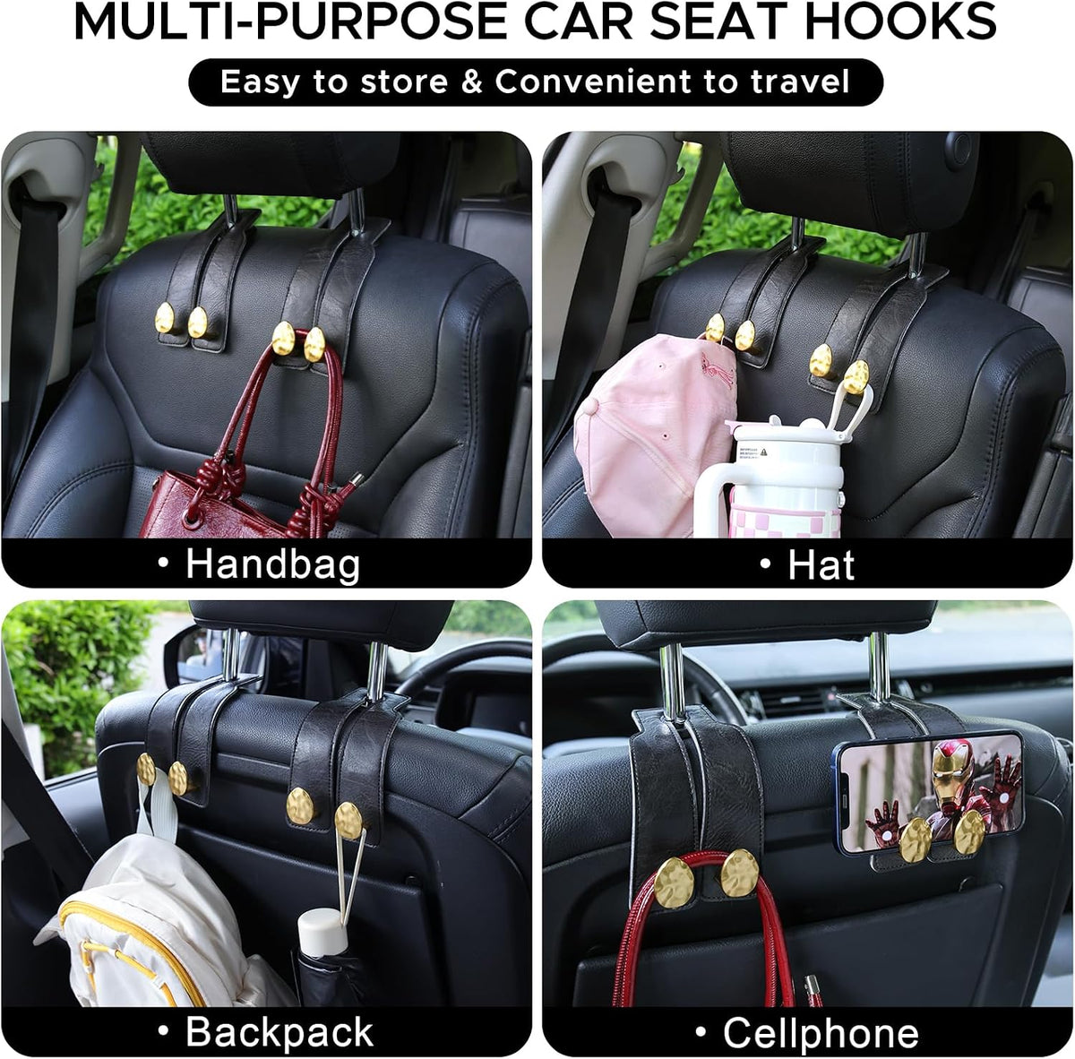 Leather Car Purse Hook for Headrest, 2 Pack, Black-Gold