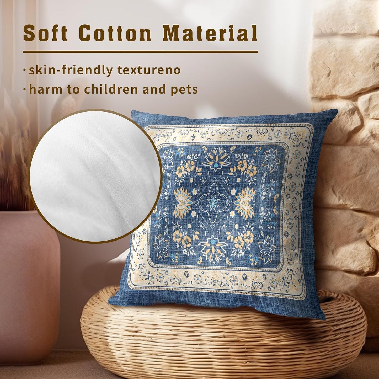 Giwawa Blue Boho Throw Pillow Covers 16x16 Inch Ethnic Floral Decorative Pillow Cases Set of 2 Square Cushion Covers for Sofa Couch Outdoor Decor