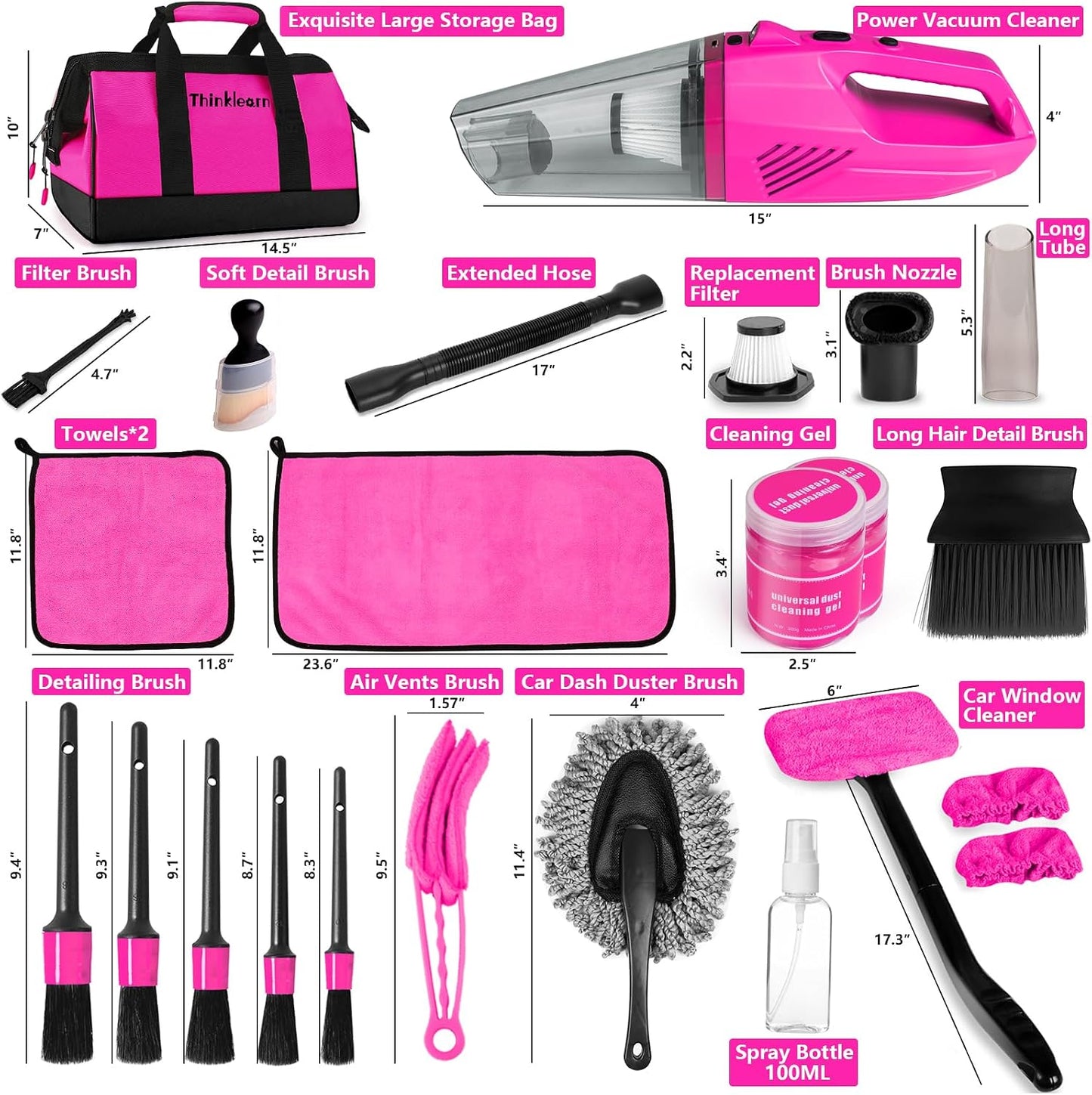 ThinkLearn Car Cleaning Kit, Car Corded Vacuum Detailing Kit Interior with High Power Handheld Vacuum, Including 7Pcs Detailing Brush Set, Windshield Cleaner, Pink Car Accessories for Women