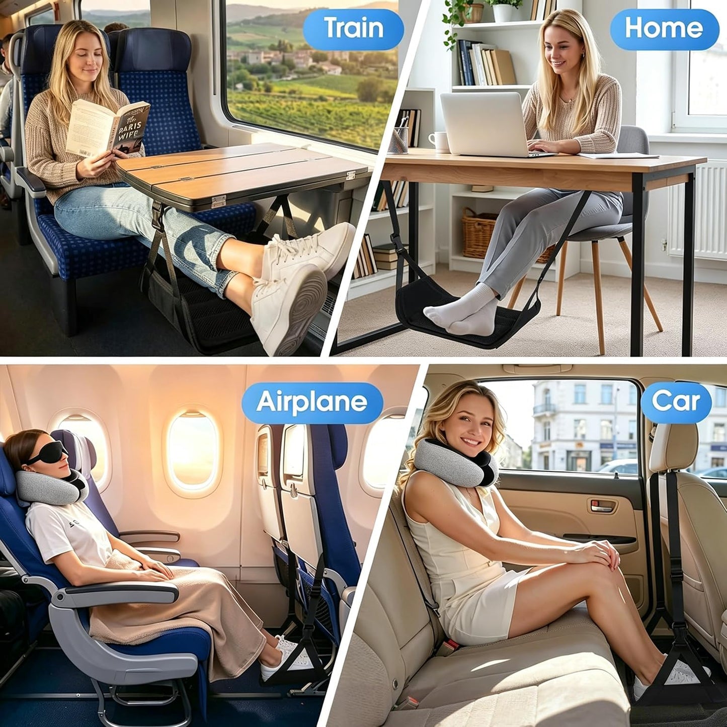 Ergonomic Airplane Pillow and Airplane Foot Hammock, Ultra Portable Neck Pillow with 360° Head Support, Portable Travel Foot Rest with Adjustable Strap, Includes Eye Mask & Ear Plugs, for Flight, Car