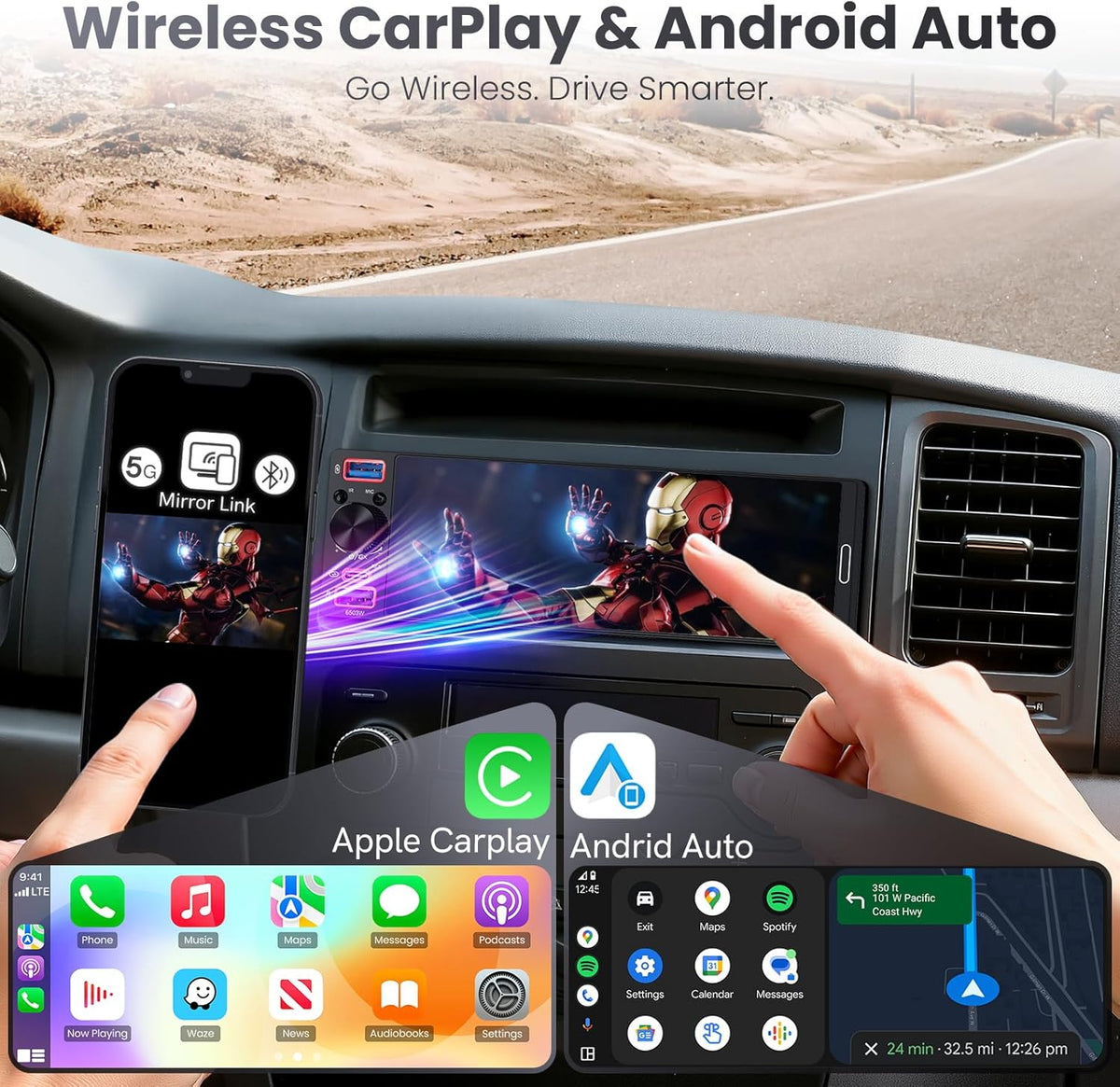 Single Din Radio Car Stereo with Apple CarPlay & Android Auto, 6.5” InCell Touchscreen Car Radio with 1080P Backup Camera, Mirror Link, Bluetooth 6.0, GPS, AM&FM, USB & Type-C Fast Charging
